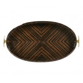 Art Deco Wooden Serving Tray With Brass Handles - Oval