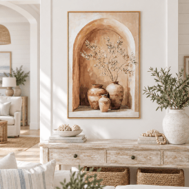 Assisi hand-painted framed canvas wall art displayed above a distressed white console table in a bright coastal-style interior with woven baskets, neutral accessories and olive branches.