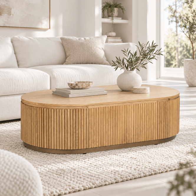 Belfort Natural Oak Oval Coffee Table | Fluted Slatted Wood Capsule Center Table