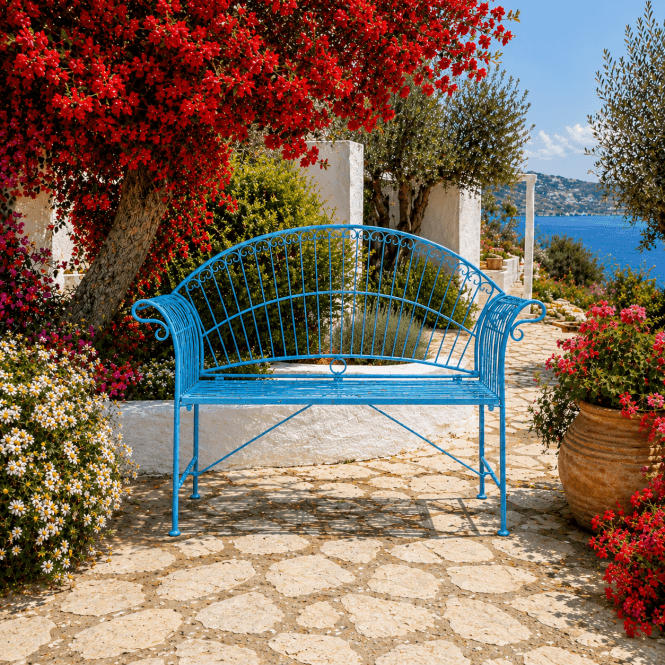 Blue Metal Garden Bench 2 Seater French Style