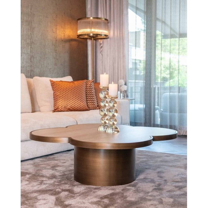Clover Beige Stone Coffee Table, Brass