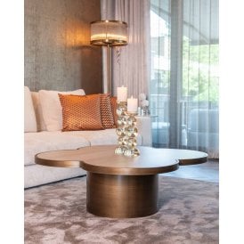 Clover Beige Stone Coffee Table, Brass