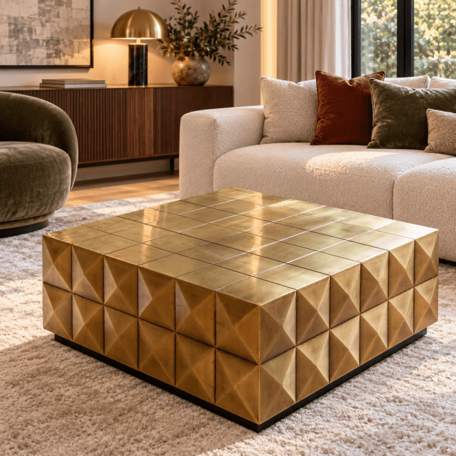 Collada Gold Brass Square Coffee Table | Mid Century Modern Design