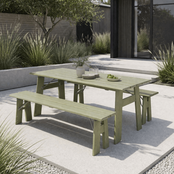 Folding Garden Table And Benches Set - Green