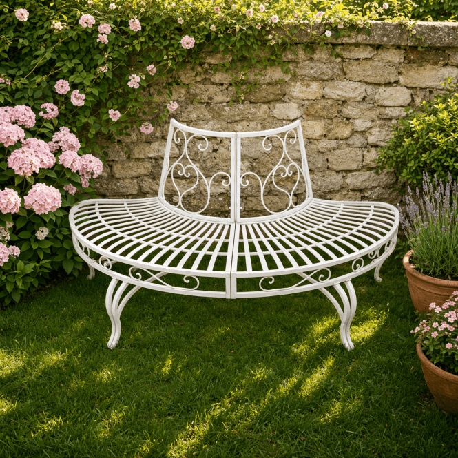 Garden Tree Bench Half Round Tree Seat Metal - White
