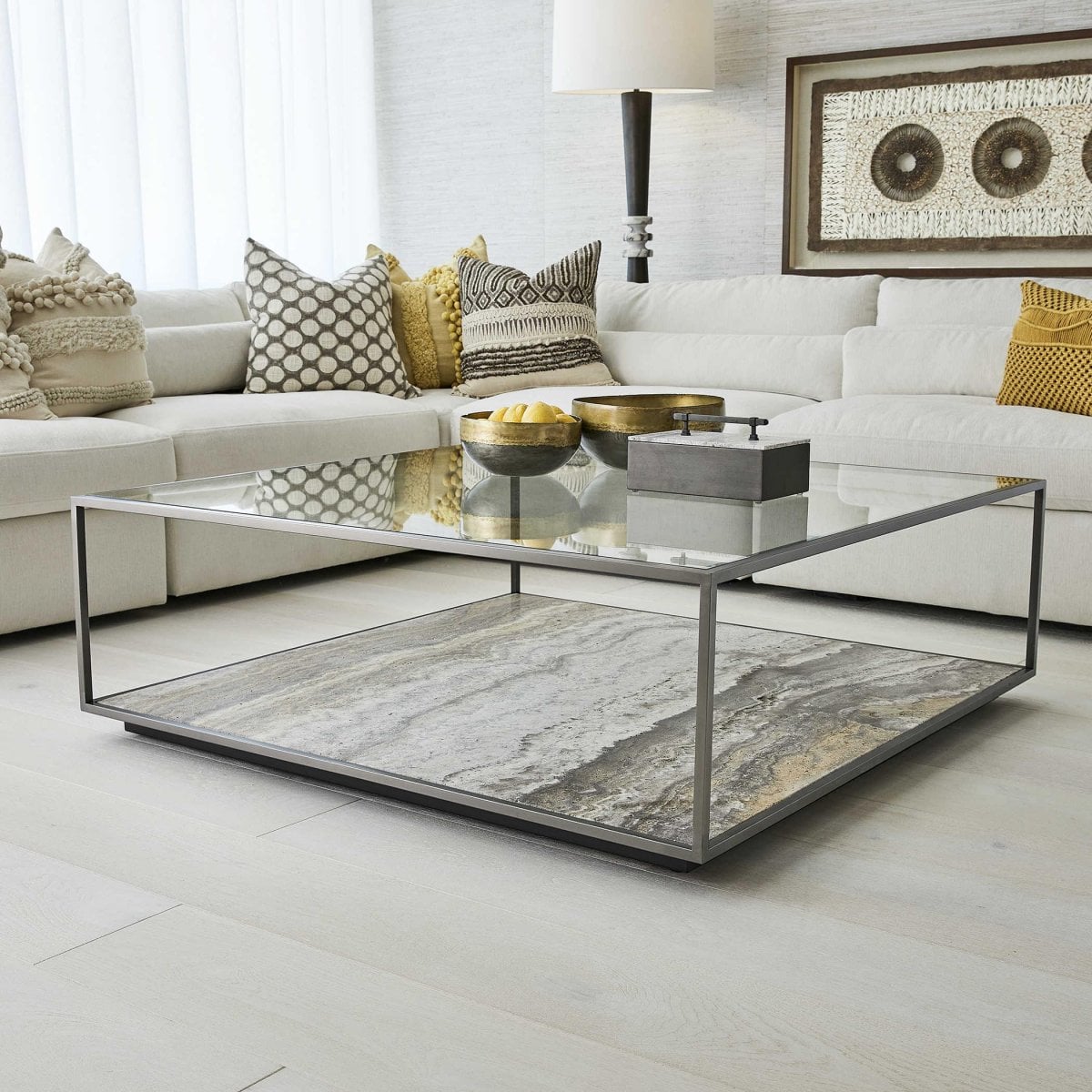 Glass Top Grey Stone Square Coffee Table | Swanky Interiors
