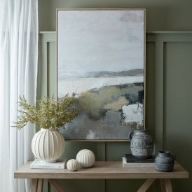Hillside View hand-painted abstract landscape framed canvas displayed above a wooden console table in a green interior.