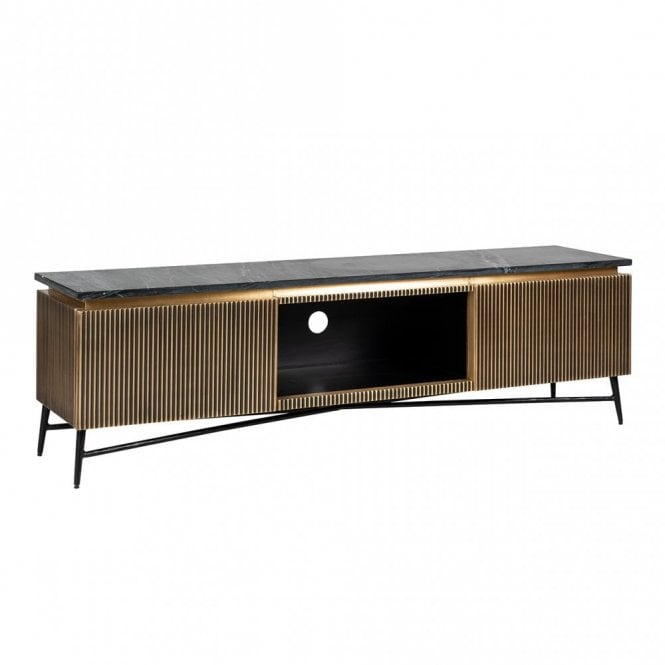 Ironville Black Marble TV Stand 170cm | Mid Century Modern Ribbed Brass Media Unit