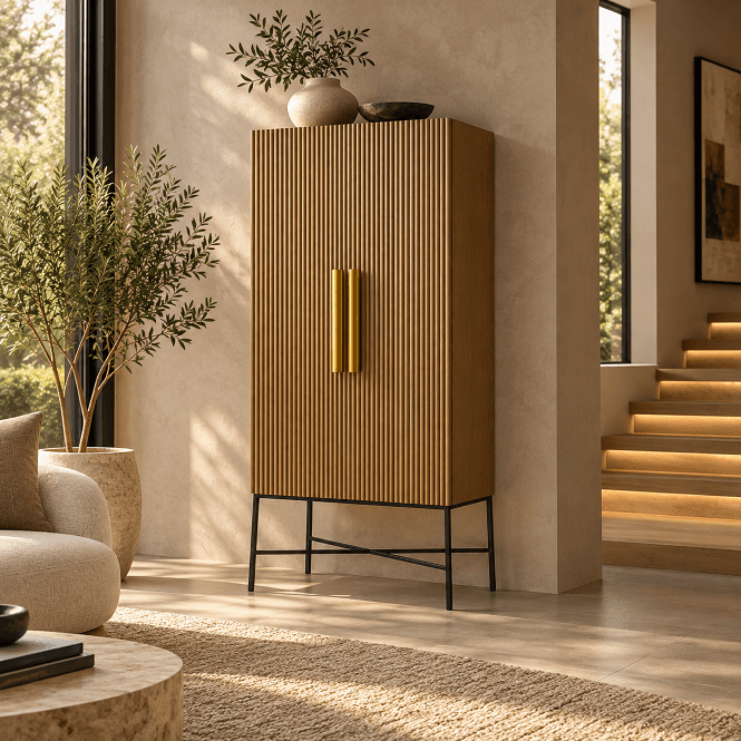 Ironville Gold Brass Tall Storage Cabinet | Mid-Century Modern 2 Door Design