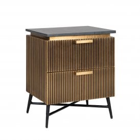 Ironville Modern Black Marble Top Brass Ribbed 2 Drawer Bedside Table