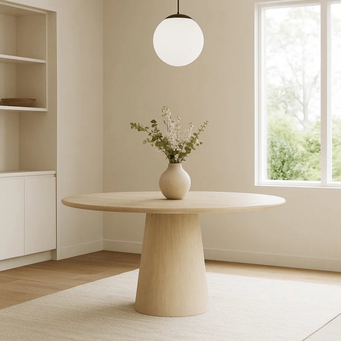 Japandi Beige Round Dining Table 56'' - Faux Travertine