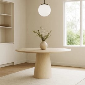 Japandi Beige Round Dining Table 56'' - Faux Travertine