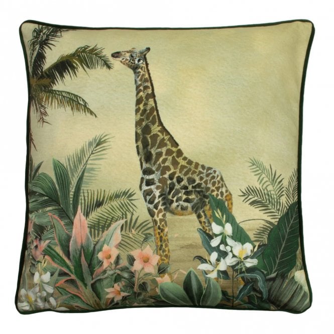 Jungle Safari Giraffe Print Cushion | Tropical Botanical Green Velvet Throw Pillow