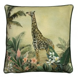 Jungle safari giraffe print cushion with tropical green foliage, palm leaves and floral details on a soft velvet-style cover with dark green piping.