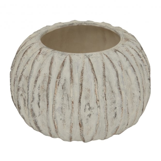Lorenzo Round Ceramic Fin Vase | Large White Distressed Table Decor