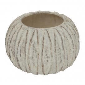 Lorenzo round ceramic fin vase featuring a wide open top, sculpted vertical ribbing and a distressed white finish with warm brown detailing.
