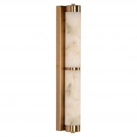 Vertical double tube faux alabaster wall light with translucent marble veining and brushed gold metal accents.