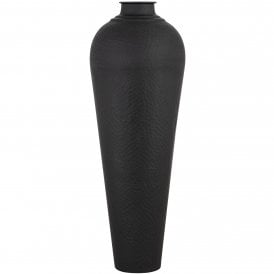 Tall 103cm charcoal black metal urn featuring an elongated column profile with a dimpled hammered texture surface.