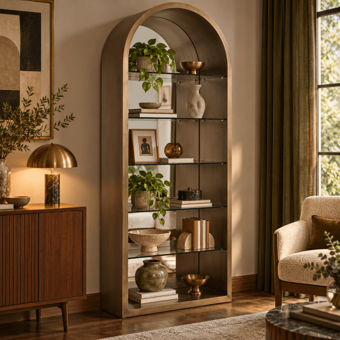 Mid Century Tall Display Cabinet | Modern Brushed Gold Arched Shelving Unit