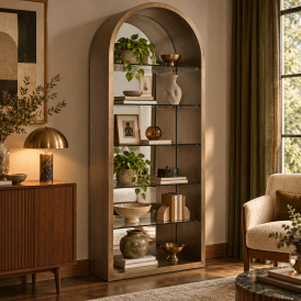 Mid-century tall display cabinet with a brushed gold arched frame, mirrored back and five clear glass shelves, styled with plants and decorative objects in a warm contemporary interior.