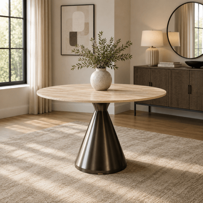 Modern Round Beige Stone Dining Table 52'' | Seats 4-6