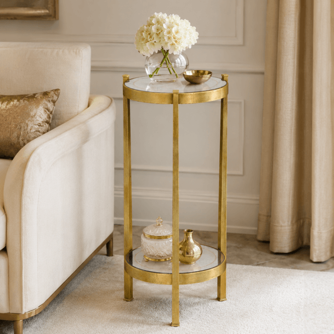 Modern Small Gold Round Glass Side Table With Shelves