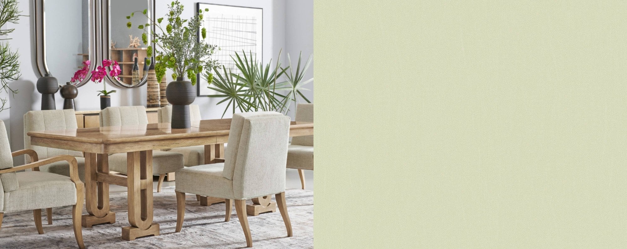 Jonathan Charles Cambrio Collection featuring luxury dining room furniture with an oak dining table, upholstered dining chairs and coordinating sideboard in a contemporary interior.