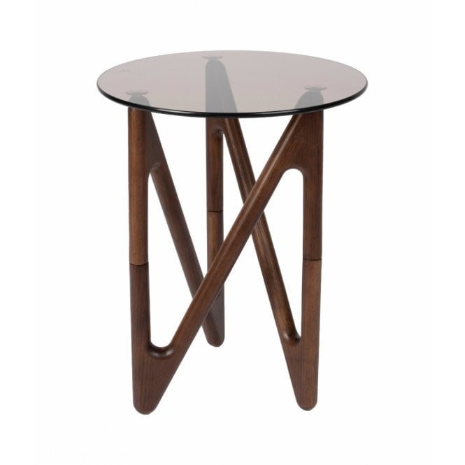 Naia Retro Oak Smoky Glass Round Side Table 