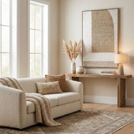 Petra Japandi framed abstract canvas wall art displayed above a wooden console table in a neutral cream living room.