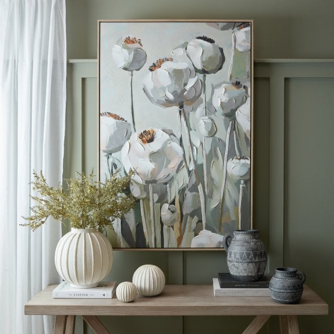 Poppy Heads Hand Painted Framed Canvas Wall Art | Large Floral Living Room Decor