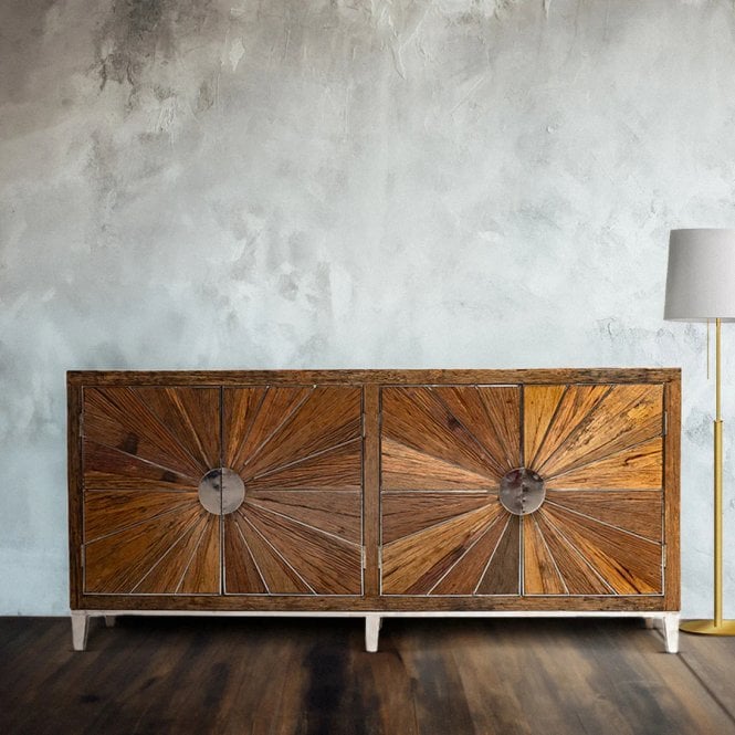 Rustic Lodge Brown Reclaimed Wood 4 Door Sunburst Sideboard
