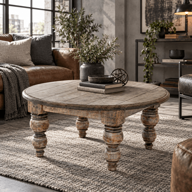 Rutland Round Rustic Brown Coffee Table | Large Reclaimed Wood Table