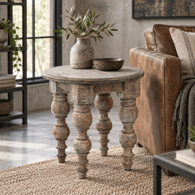 Rutland Round Rustic Brown Side Table | Large Reclaimed Wood End Table