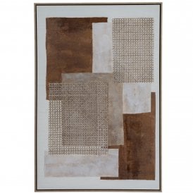 Sedora hand-painted abstract framed canvas wall art featuring layered brown, beige and white geometric shapes with woven-effect textured panels.