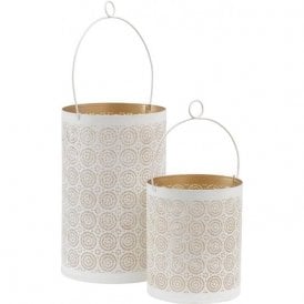 Set of 2 White & Gold Hurricane Tealight Holders