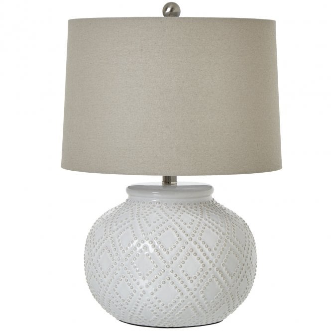 Squat White Beaded Ceramic Table Lamp | Large Bedside Linen Shade Light