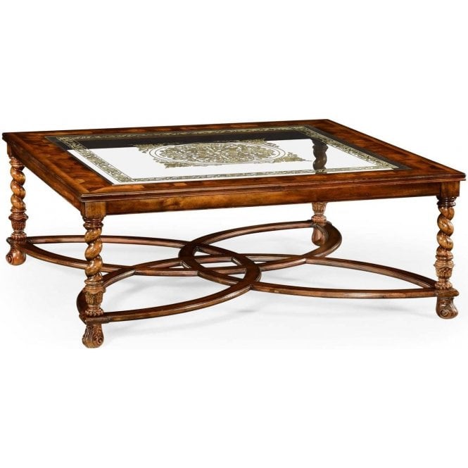 Walnut Coffee Table With Decorated Glass Top 
