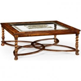 Walnut Coffee Table With Decorated Glass Top 