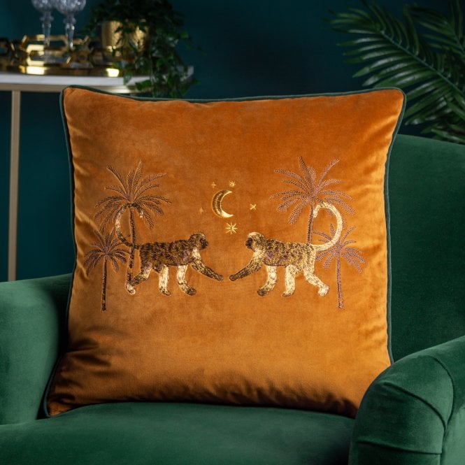 Wylder Orange Embroidered Monkey Velvet Cushion